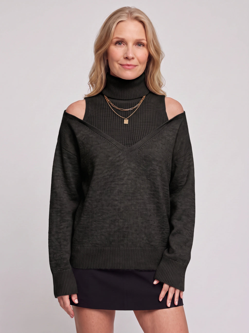 Koldra Cold-Shoulder Roll Neck Jumper – Ribbed Knit Women Layered Knitwear Autumn Casual Long Sleeve Top