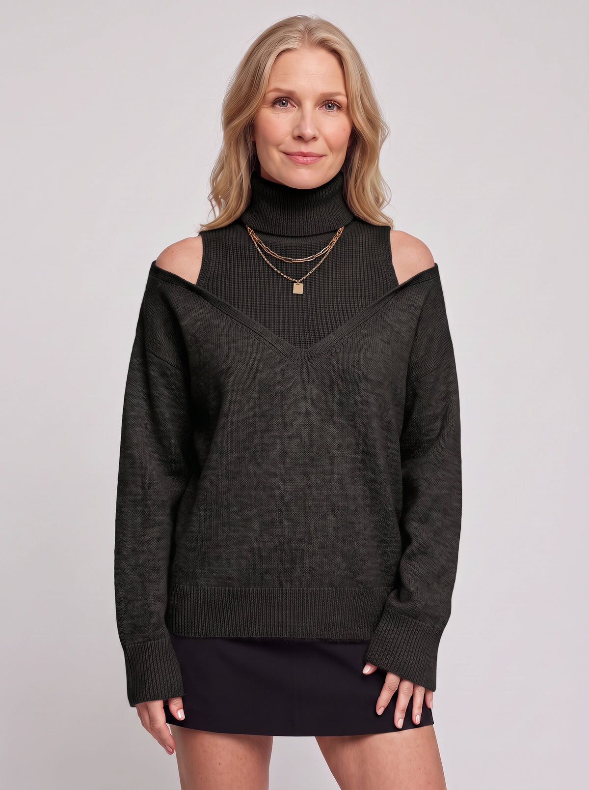 Koldra Cold-Shoulder Roll Neck Jumper – Ribbed Knit Women Layered Knitwear Autumn Casual Long Sleeve Top