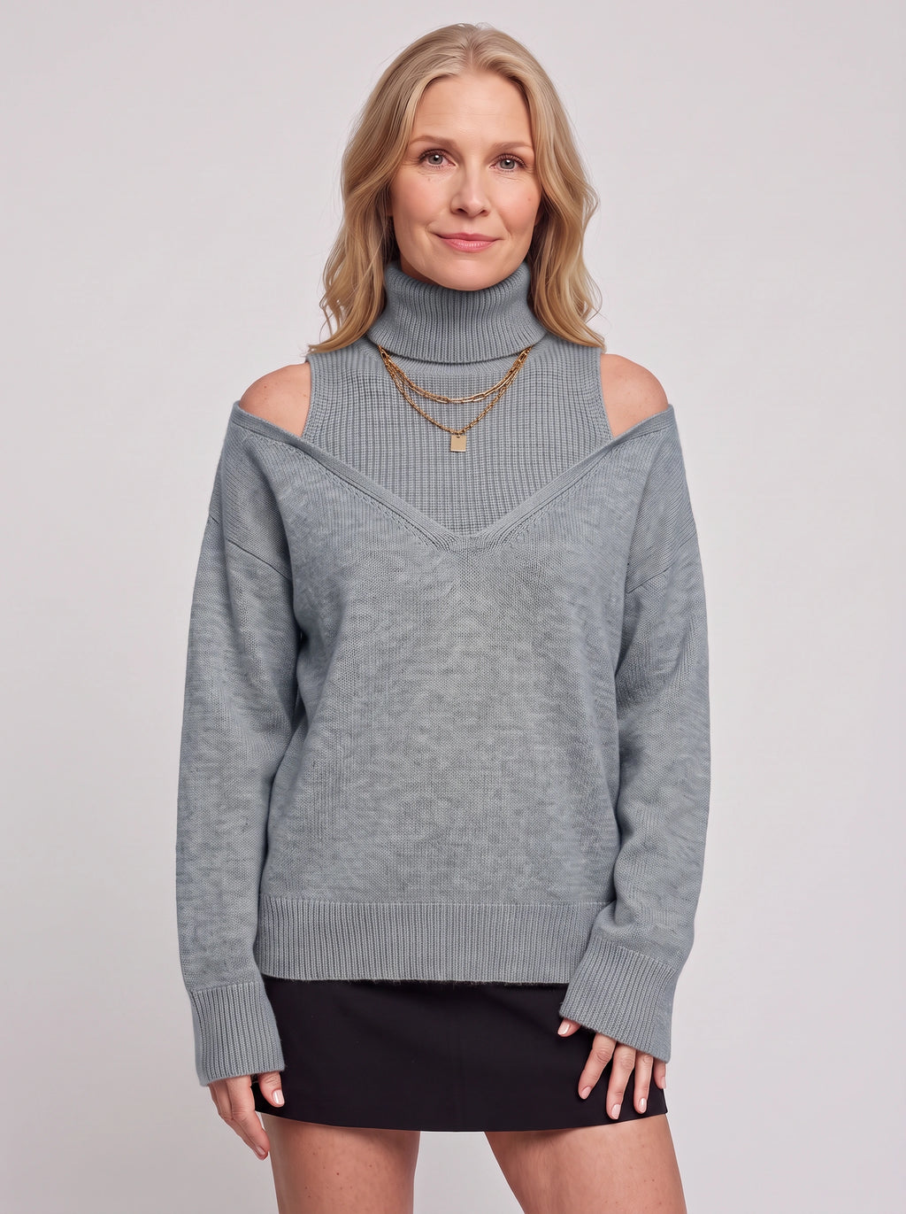 Koldra Cold-Shoulder Roll Neck Jumper – Ribbed Knit Women Layered Knitwear Autumn Casual Long Sleeve Top
