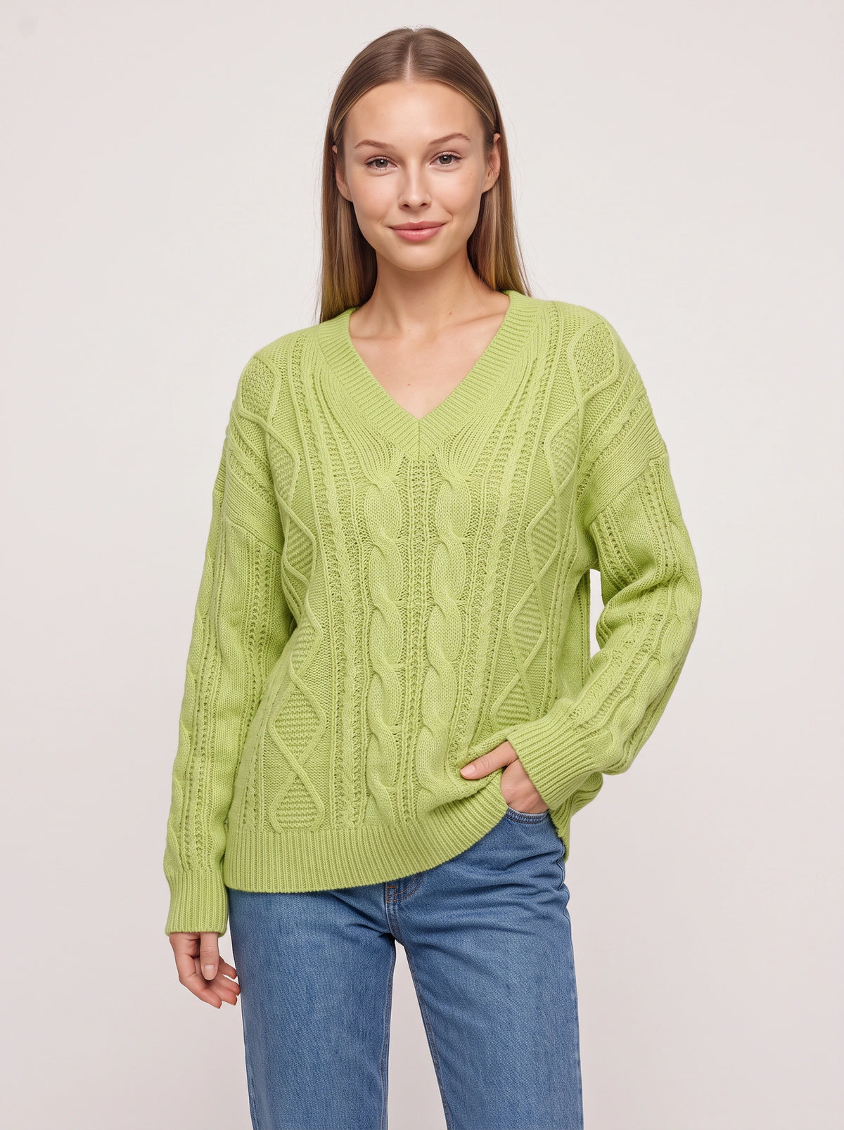 Diabelle Cable Knit V-Neck Jumper – Women Oversized Chunky Knit Sweater Casual Autumn Winter Longline