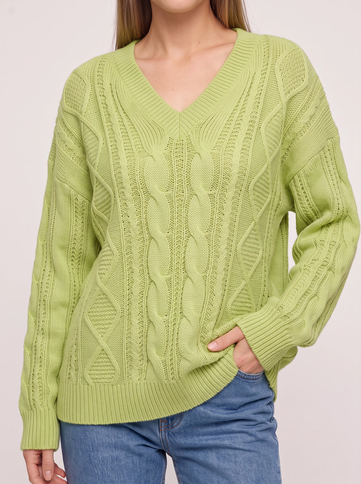 Diabelle Cable Knit V-Neck Jumper – Women Oversized Chunky Knit Sweater Casual Autumn Winter Longline