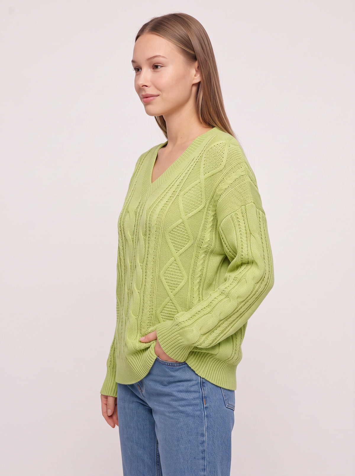 Diabelle Cable Knit V-Neck Jumper – Women Oversized Chunky Knit Sweater Casual Autumn Winter Longline
