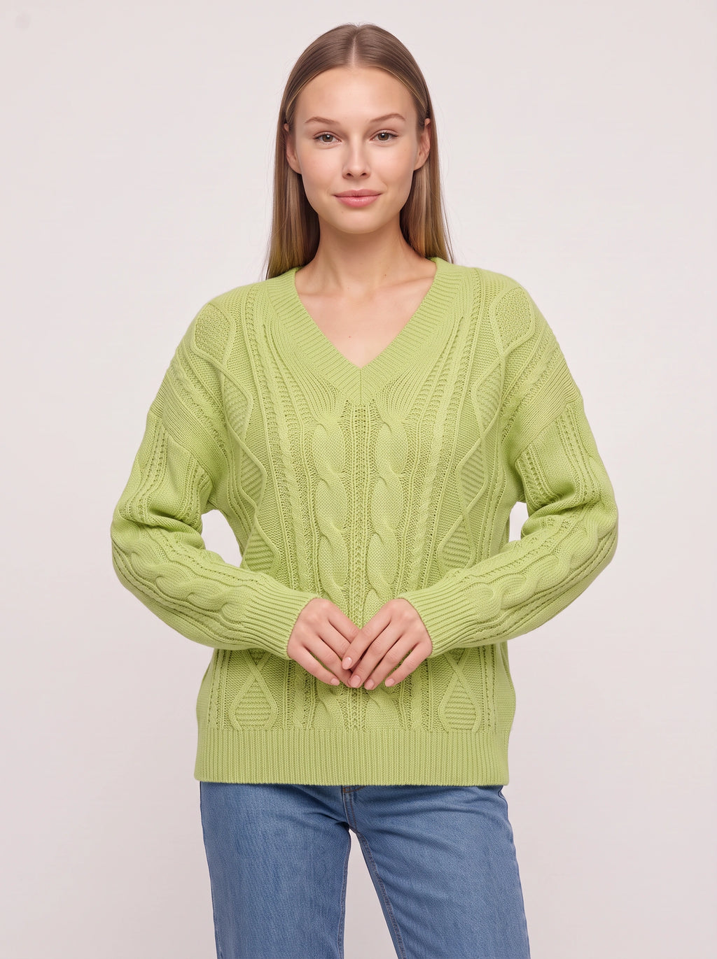 Diabelle Cable Knit V-Neck Jumper – Women Oversized Chunky Knit Sweater Casual Autumn Winter Longline