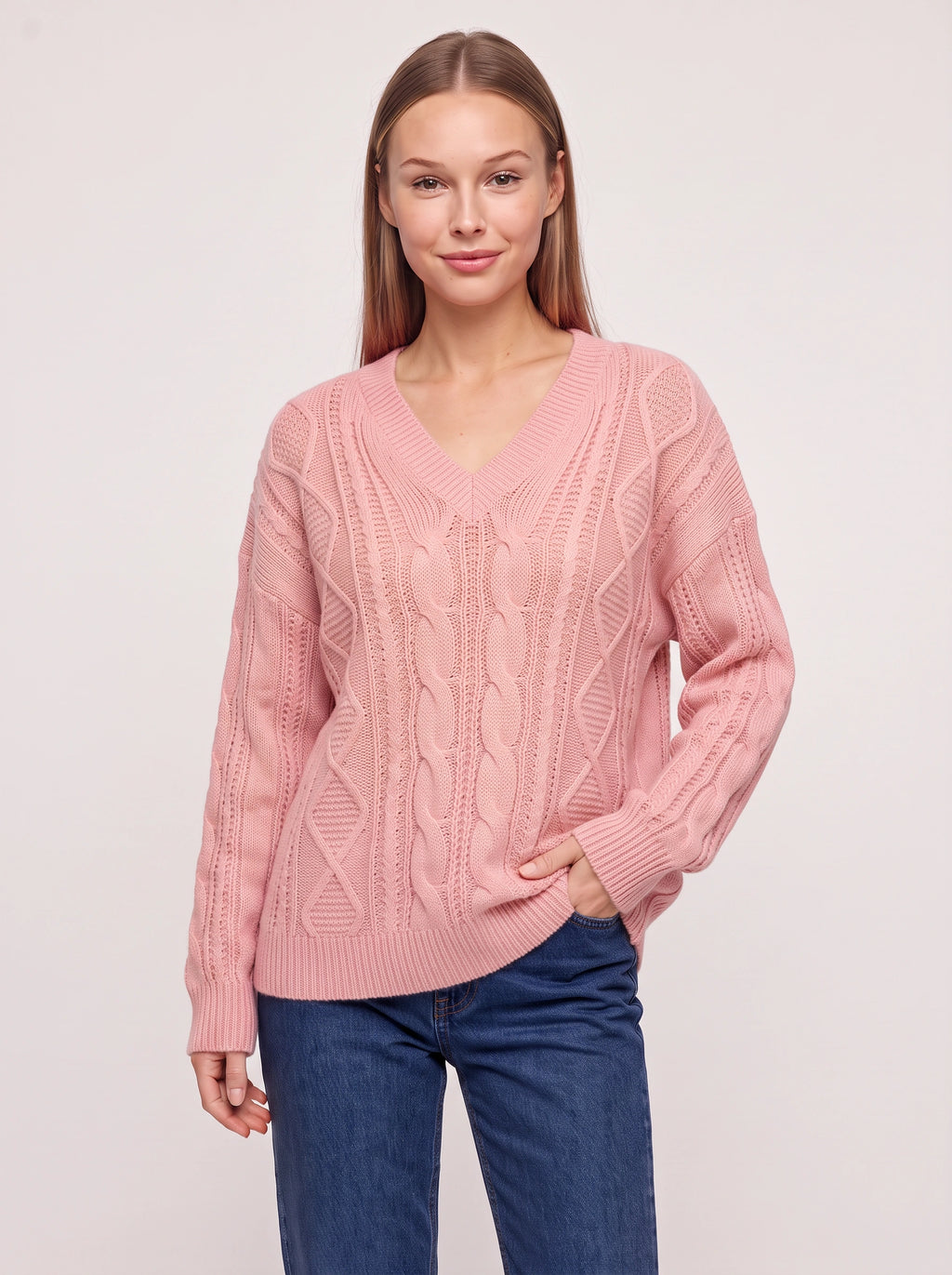 Diabelle Cable Knit V-Neck Jumper – Women Oversized Chunky Knit Sweater Casual Autumn Winter Longline