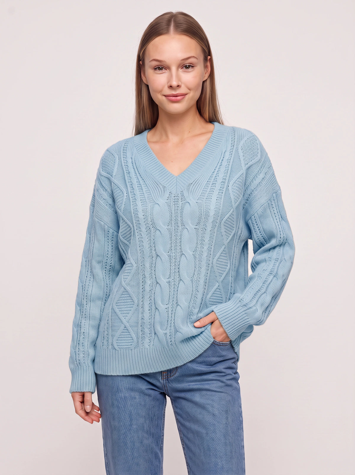 Diabelle Cable Knit V-Neck Jumper – Women Oversized Chunky Knit Sweater Casual Autumn Winter Longline
