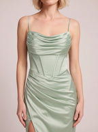 Dravyn Corset Maxi Dress – Satin Cowl Neck Formal Evening Women Wedding Guest Floor-Length Maxi Dress