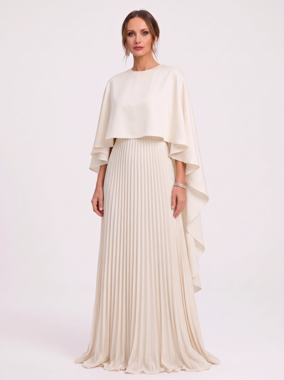 Cascalle Cape Overlay Pleated Maxi Dress – Formal Evening Women Wedding Guest Mother Bride Occasion Maxi Dress