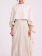 Cascalle Cape Overlay Pleated Maxi Dress – Formal Evening Women Wedding Guest Mother Bride Occasion Maxi Dress