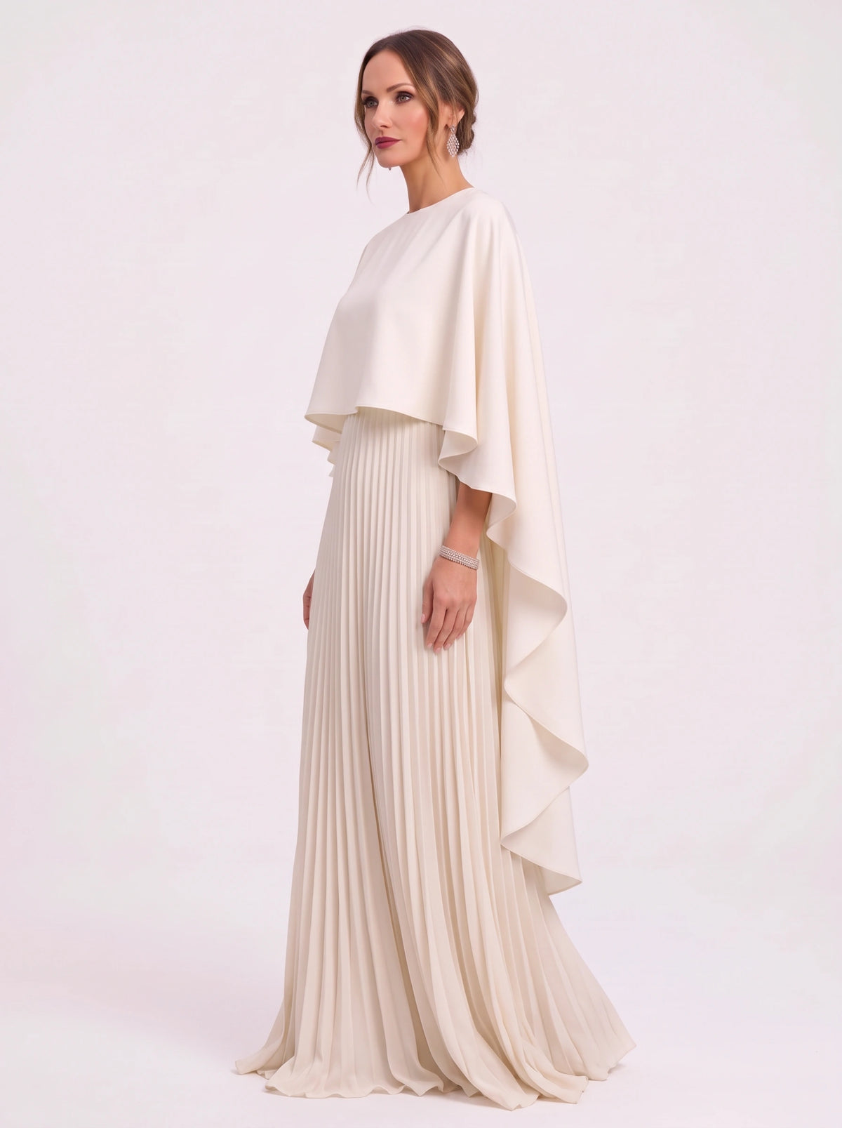 Cascalle Cape Overlay Pleated Maxi Dress – Formal Evening Women Wedding Guest Mother Bride Occasion Maxi Dress