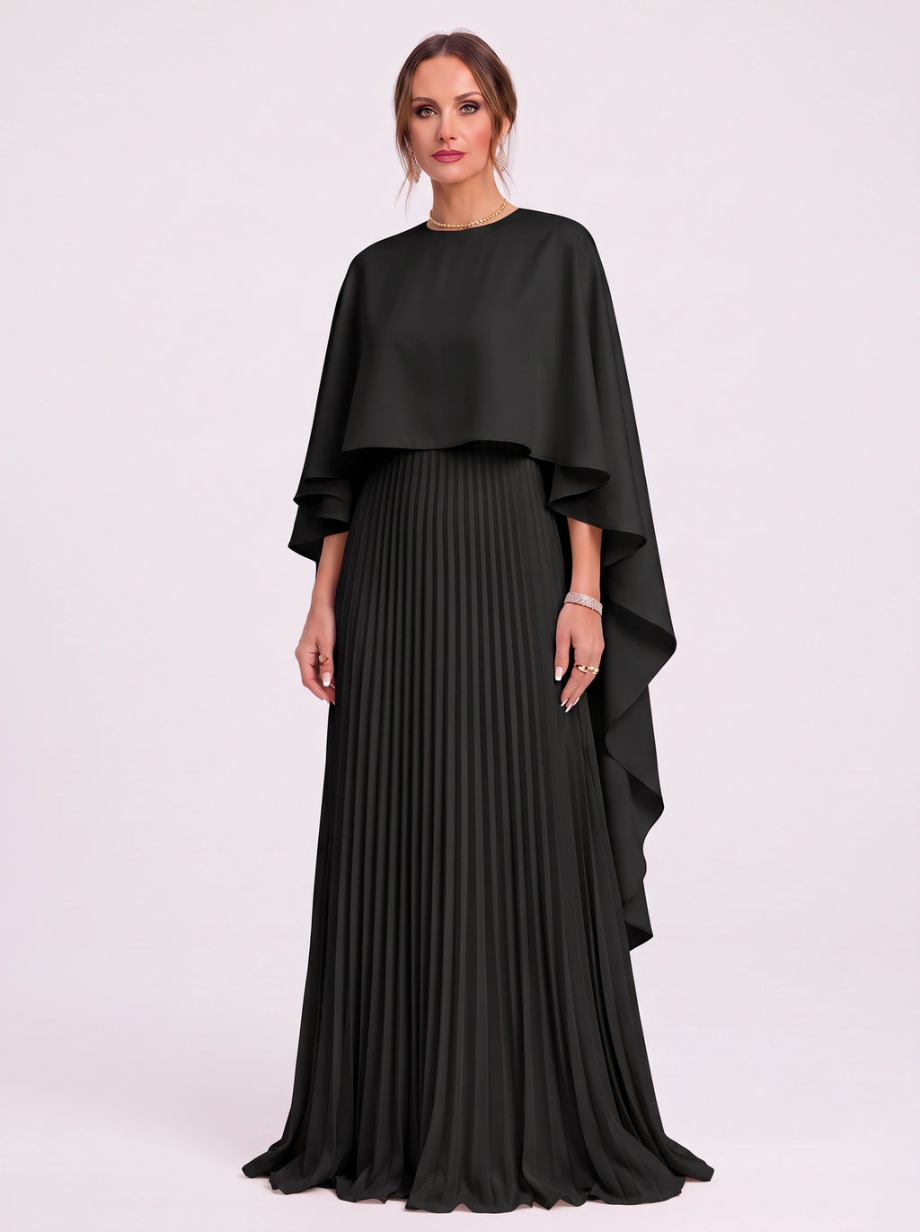 Cascalle Cape Overlay Pleated Maxi Dress – Formal Evening Women Wedding Guest Mother Bride Occasion Maxi Dress