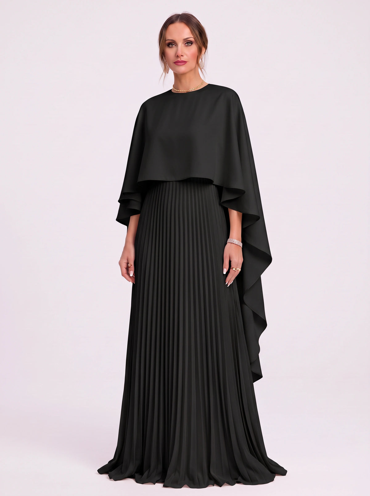Cascalle Cape Overlay Pleated Maxi Dress – Formal Evening Women Wedding Guest Mother Bride Occasion Maxi Dress