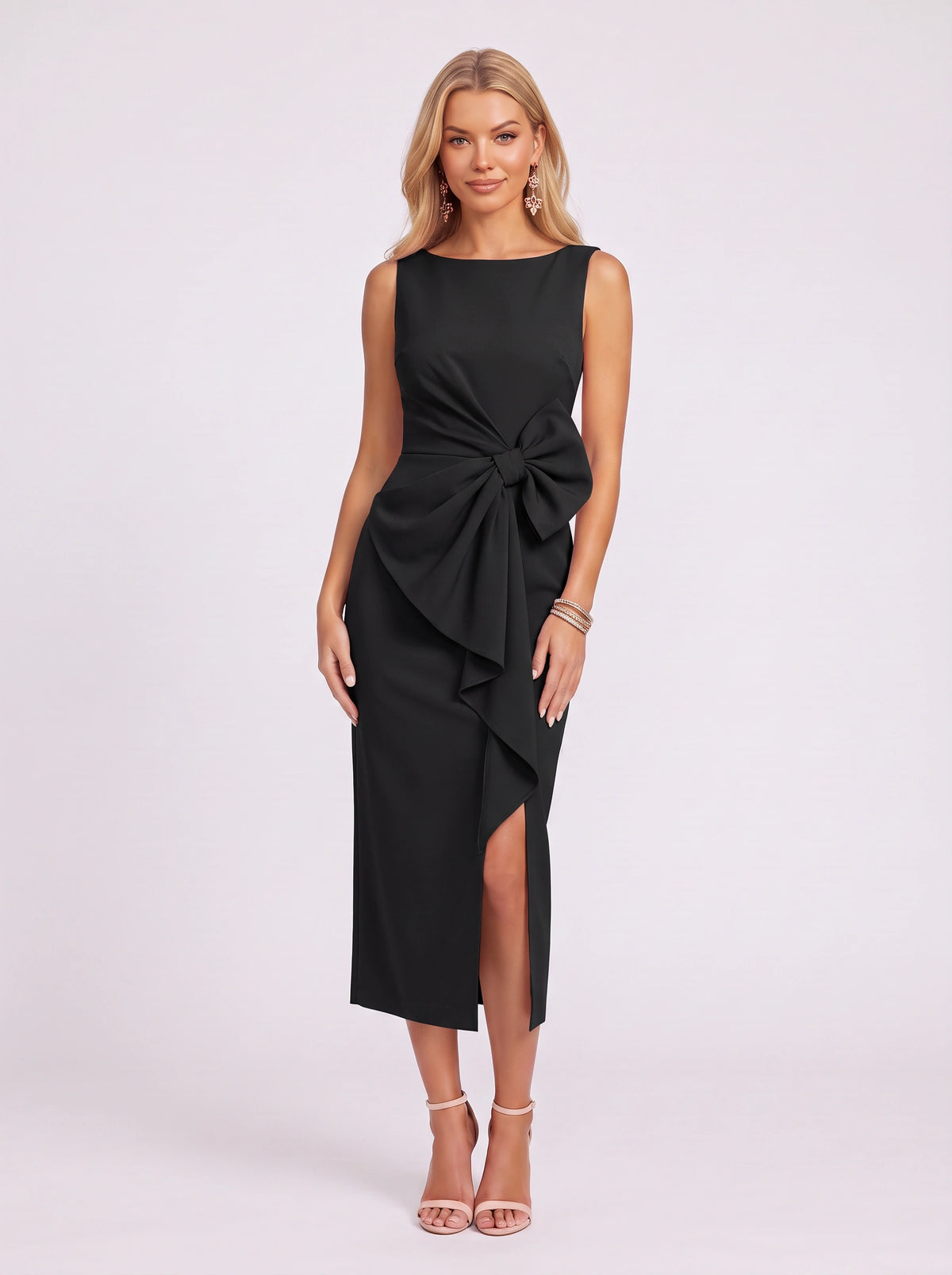 Knopra Bow Waist Midi Dress – Satin Cocktail Women Formal Wedding Guest Evening Party Midi Dress