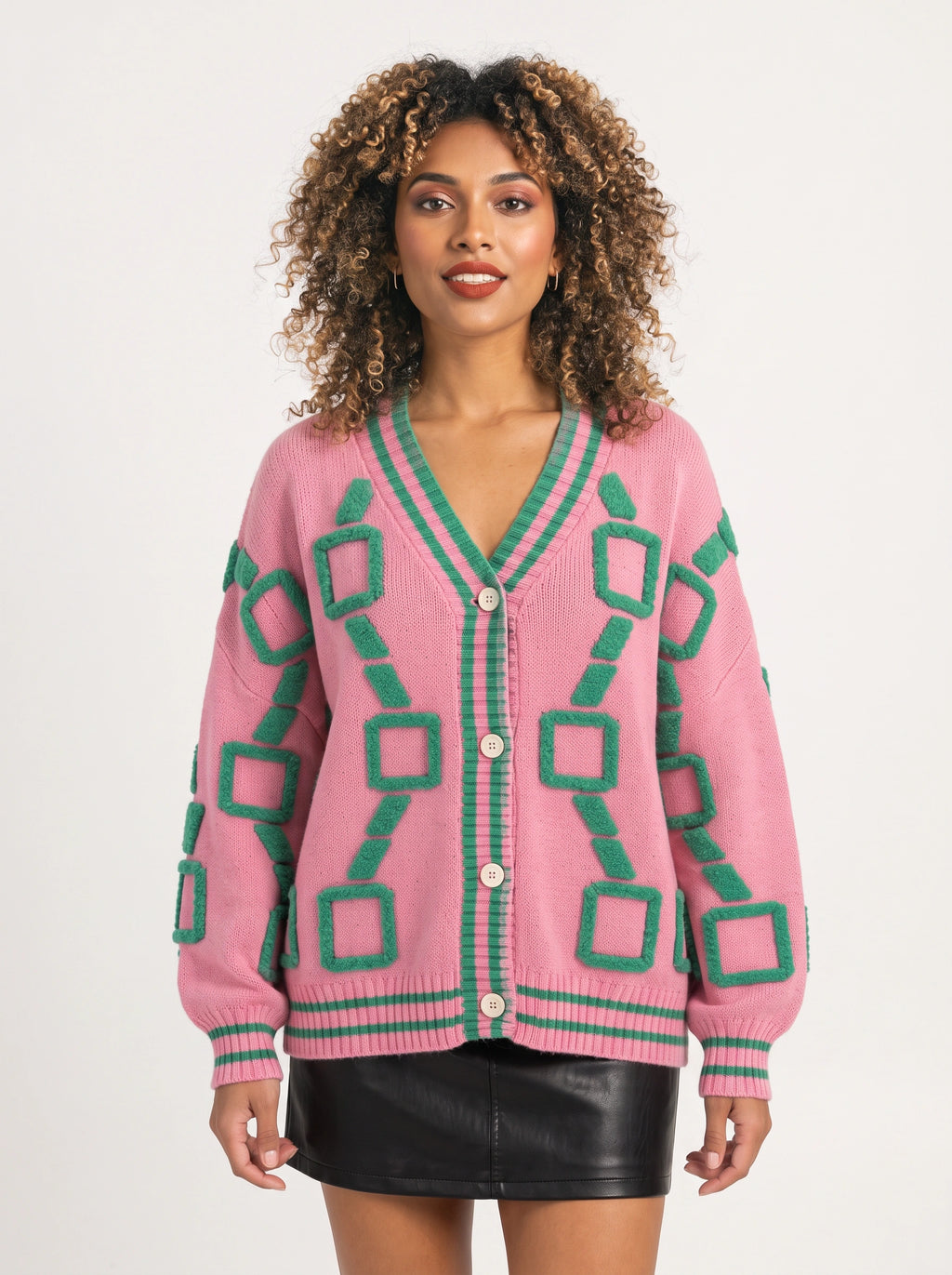 Framette Geometric V-Neck Cardigan – Button Front Knitted Jumper Women Oversized Striped Retro Fall Cardigan
