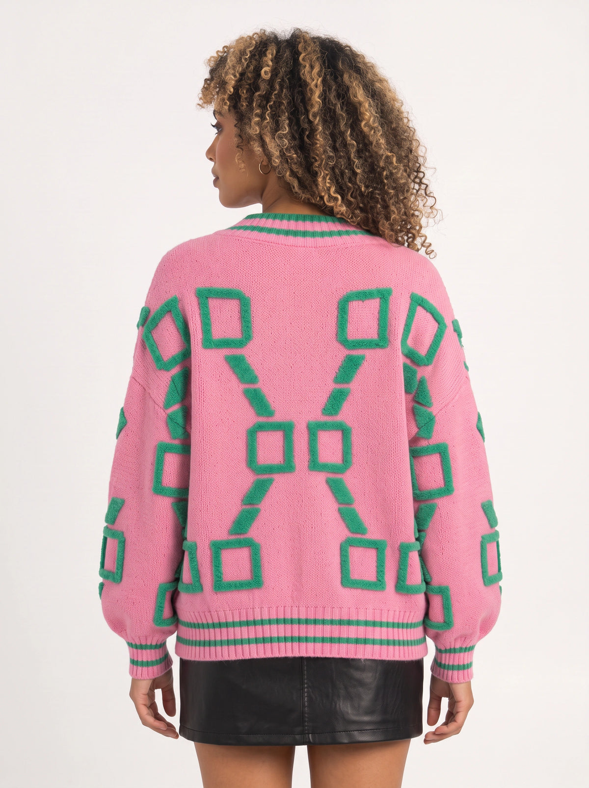 Framette Geometric V-Neck Cardigan – Button Front Knitted Jumper Women Oversized Striped Retro Fall Cardigan