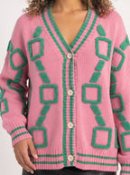 Framette Geometric V-Neck Cardigan – Button Front Knitted Jumper Women Oversized Striped Retro Fall Cardigan