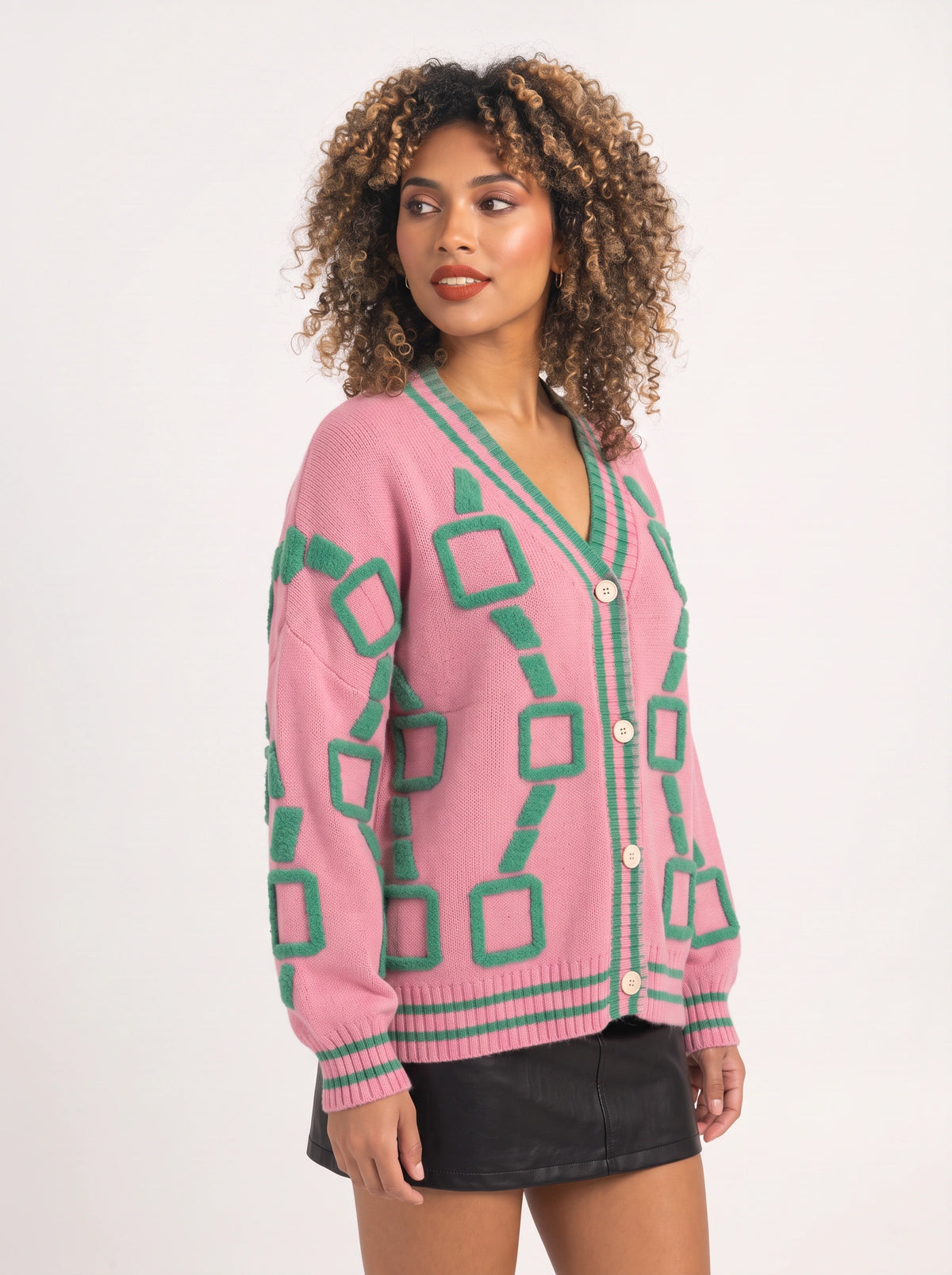 Framette Geometric V-Neck Cardigan – Button Front Knitted Jumper Women Oversized Striped Retro Fall Cardigan
