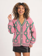 Framette Geometric V-Neck Cardigan – Button Front Knitted Jumper Women Oversized Striped Retro Fall Cardigan