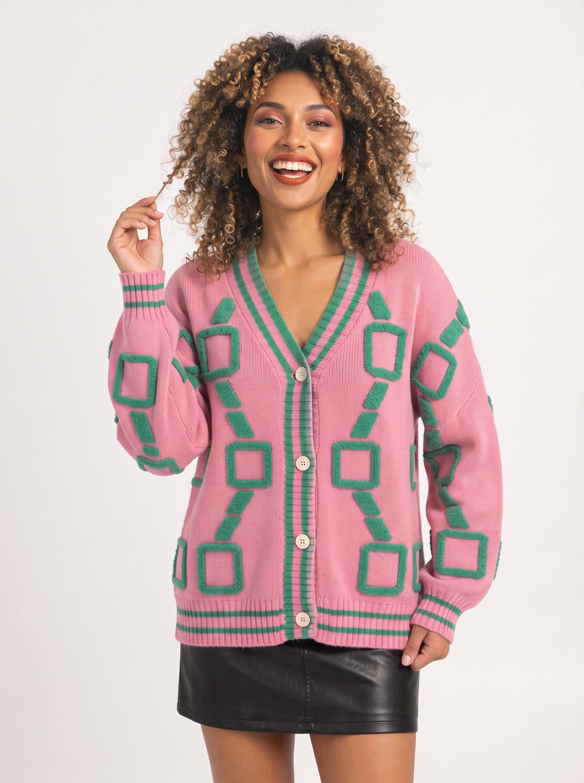 Framette Geometric V-Neck Cardigan – Button Front Knitted Jumper Women Oversized Striped Retro Fall Cardigan