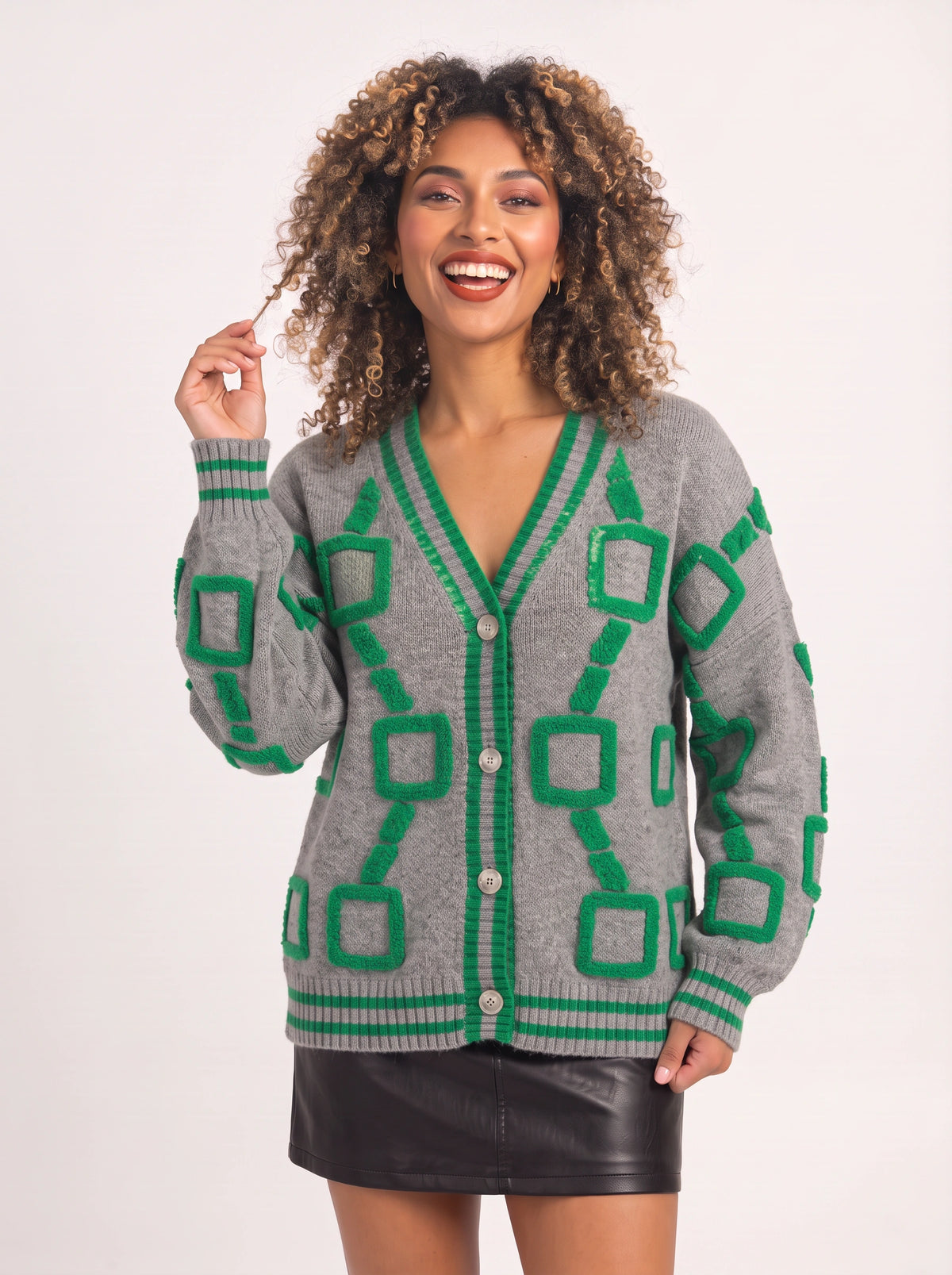 Framette Geometric V-Neck Cardigan – Button Front Knitted Jumper Women Oversized Striped Retro Fall Cardigan