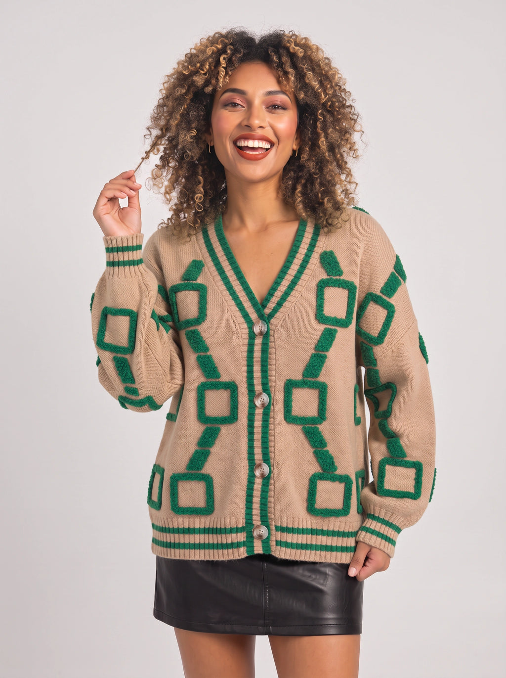 Framette Geometric V-Neck Cardigan – Button Front Knitted Jumper Women Oversized Striped Retro Fall Cardigan