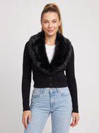 Plushrae Ribbed Crop Cardigan – Faux Fur Collar Button Front Knit Women Fitted Cropped Cardigan