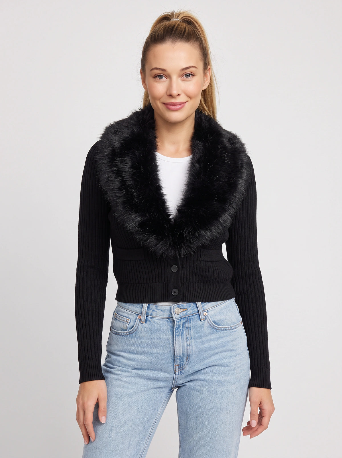 Plushrae Ribbed Crop Cardigan – Faux Fur Collar Button Front Knit Women Fitted Cropped Cardigan