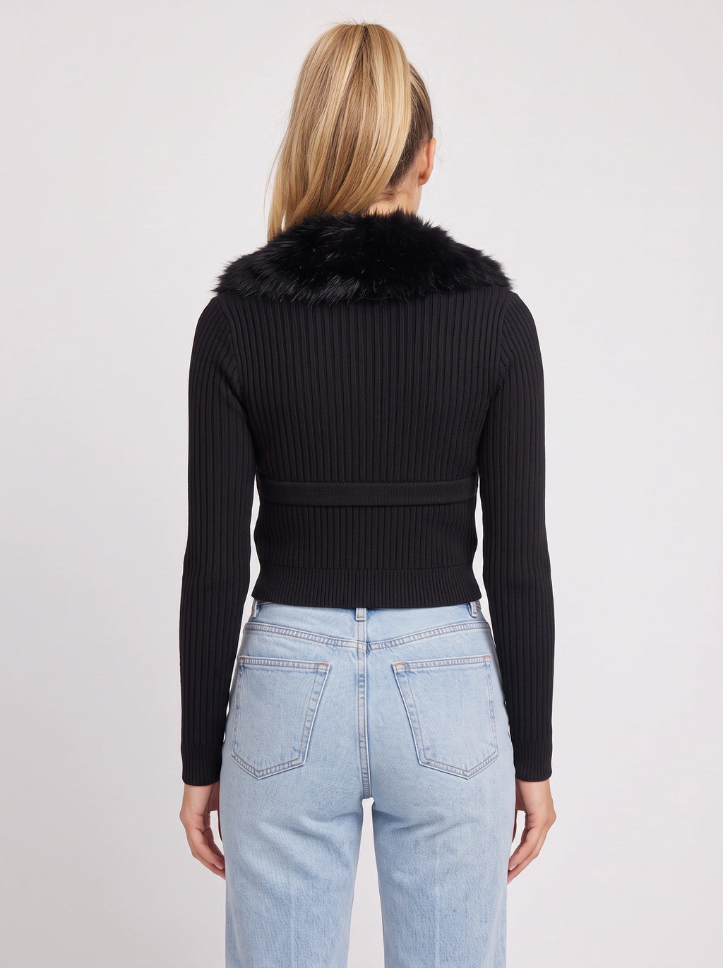 Plushrae Ribbed Crop Cardigan – Faux Fur Collar Button Front Knit Women Fitted Cropped Cardigan