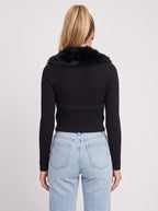 Plushrae Ribbed Crop Cardigan – Faux Fur Collar Button Front Knit Women Fitted Cropped Cardigan