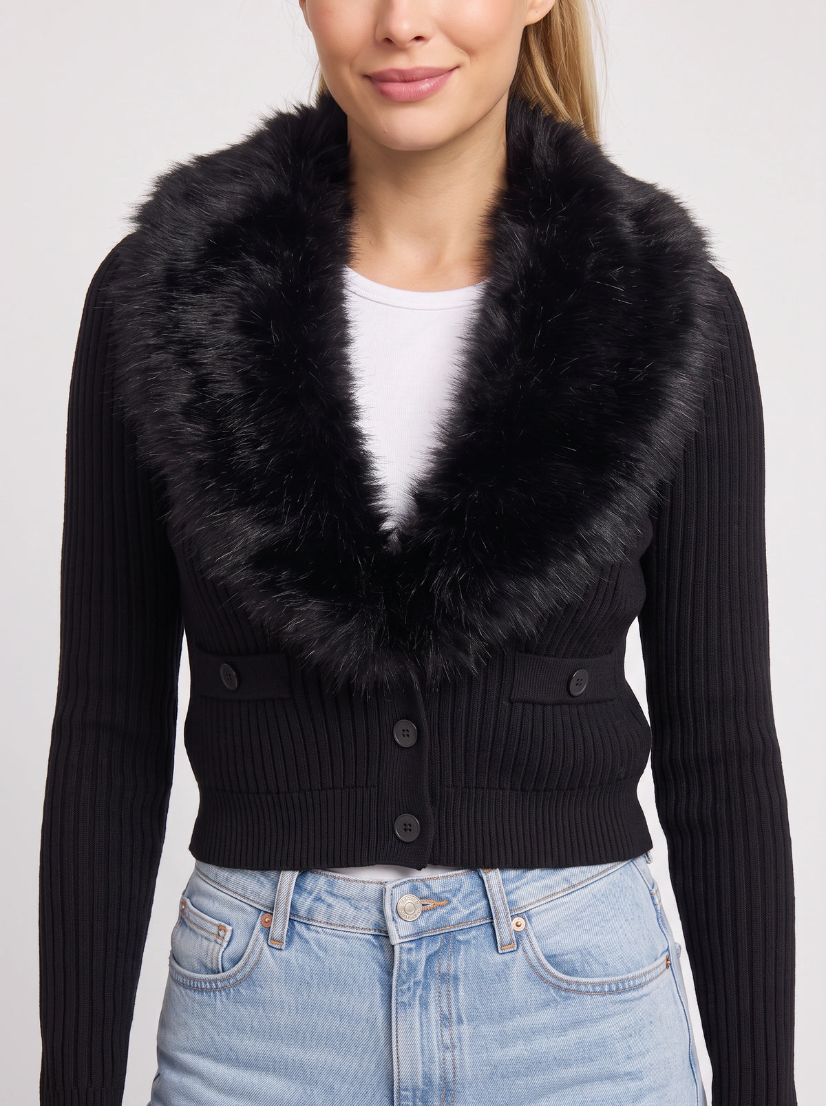 Plushrae Ribbed Crop Cardigan – Faux Fur Collar Button Front Knit Women Fitted Cropped Cardigan