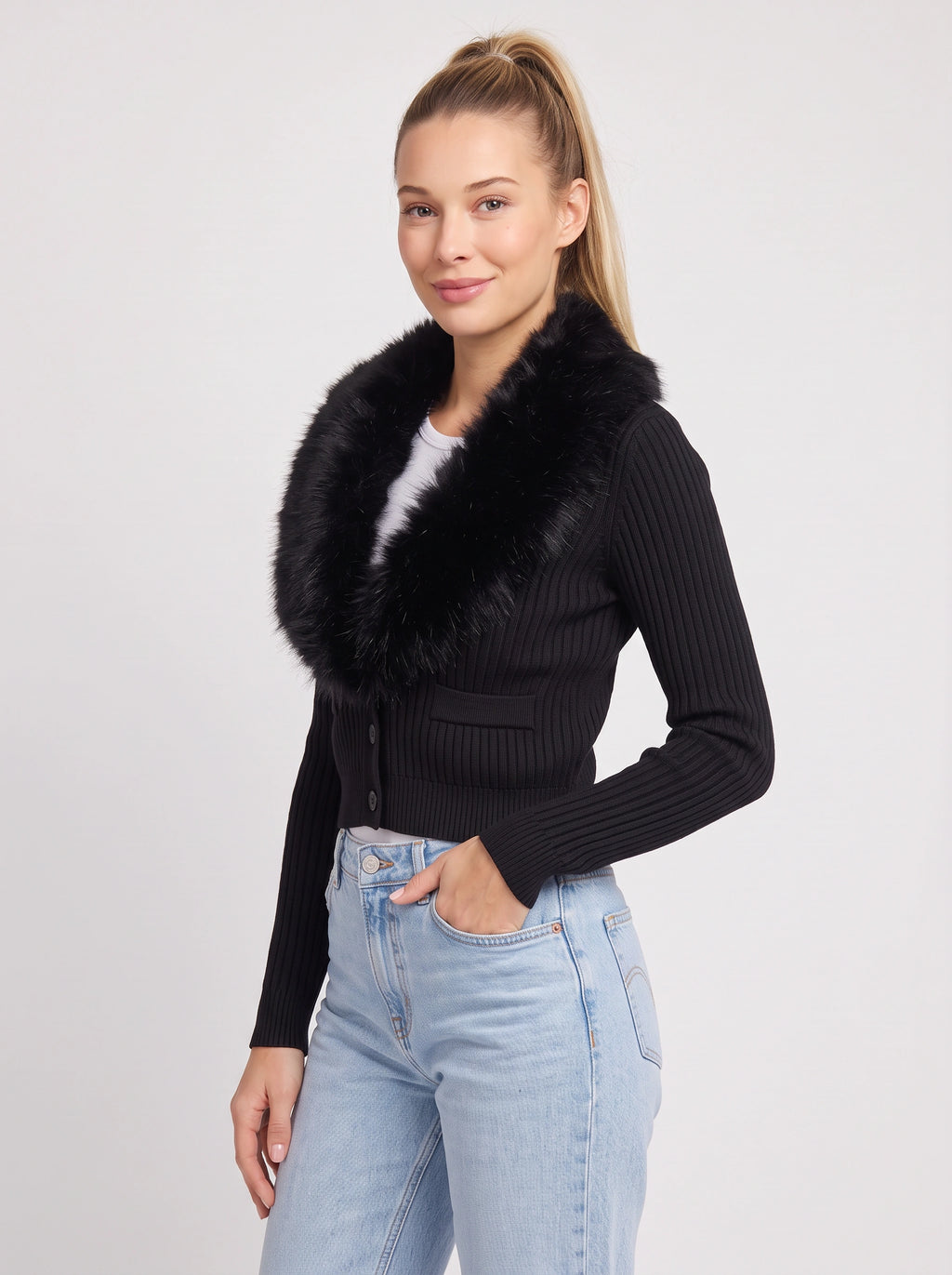 Plushrae Ribbed Crop Cardigan – Faux Fur Collar Button Front Knit Women Fitted Cropped Cardigan