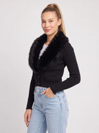 Plushrae Ribbed Crop Cardigan – Faux Fur Collar Button Front Knit Women Fitted Cropped Cardigan