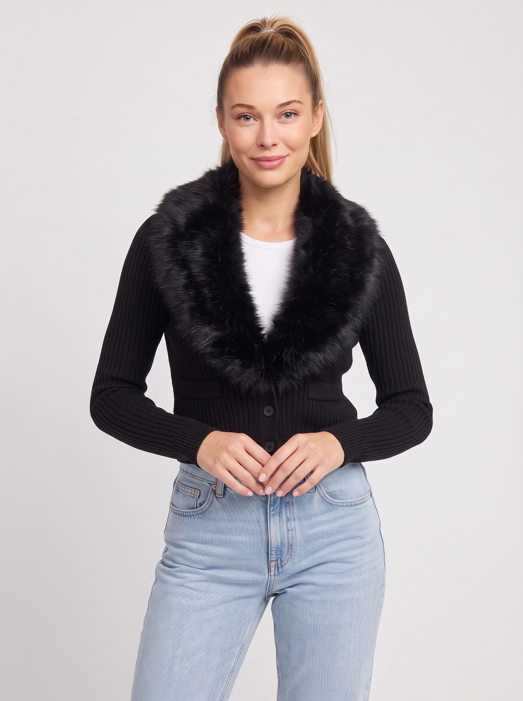 Plushrae Ribbed Crop Cardigan – Faux Fur Collar Button Front Knit Women Fitted Cropped Cardigan