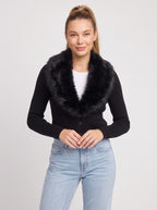 Plushrae Ribbed Crop Cardigan – Faux Fur Collar Button Front Knit Women Fitted Cropped Cardigan