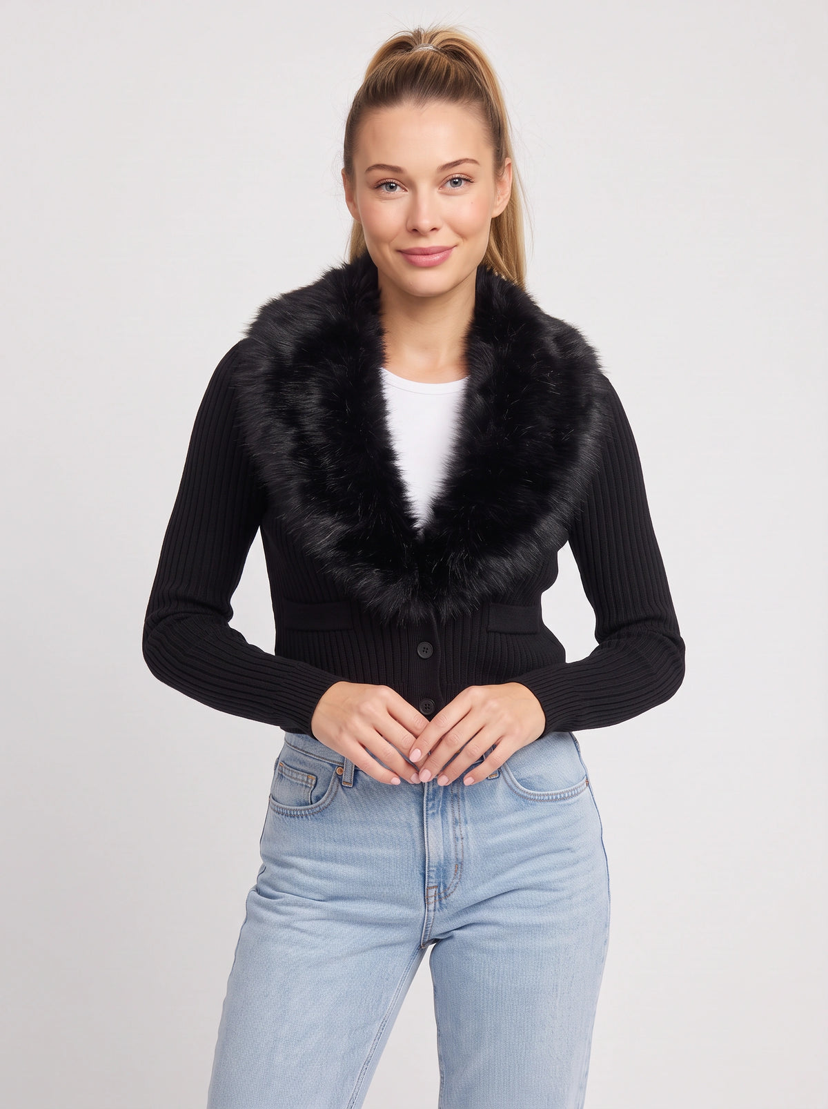 Plushrae Ribbed Crop Cardigan – Faux Fur Collar Button Front Knit Women Fitted Cropped Cardigan
