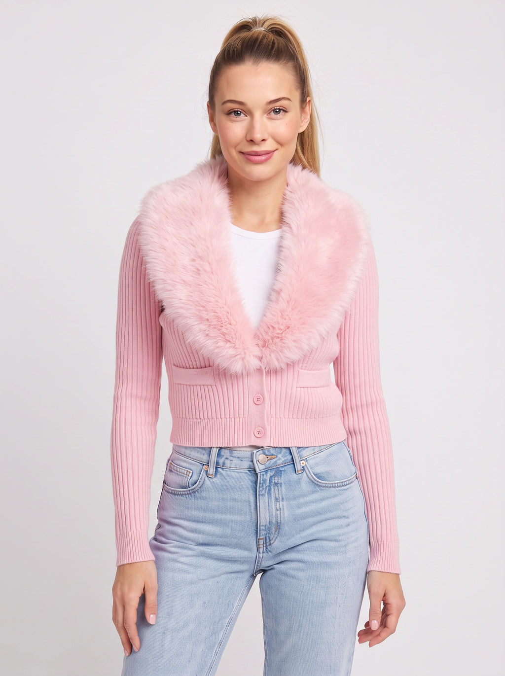 Plushrae Ribbed Crop Cardigan – Faux Fur Collar Button Front Knit Women Fitted Cropped Cardigan