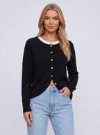 Contribe Button-Front Knit Cardigan – Contrast Collar Women Casual Office Layering Cardigan