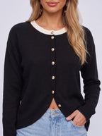 Contribe Button-Front Knit Cardigan – Contrast Collar Women Casual Office Layering Cardigan