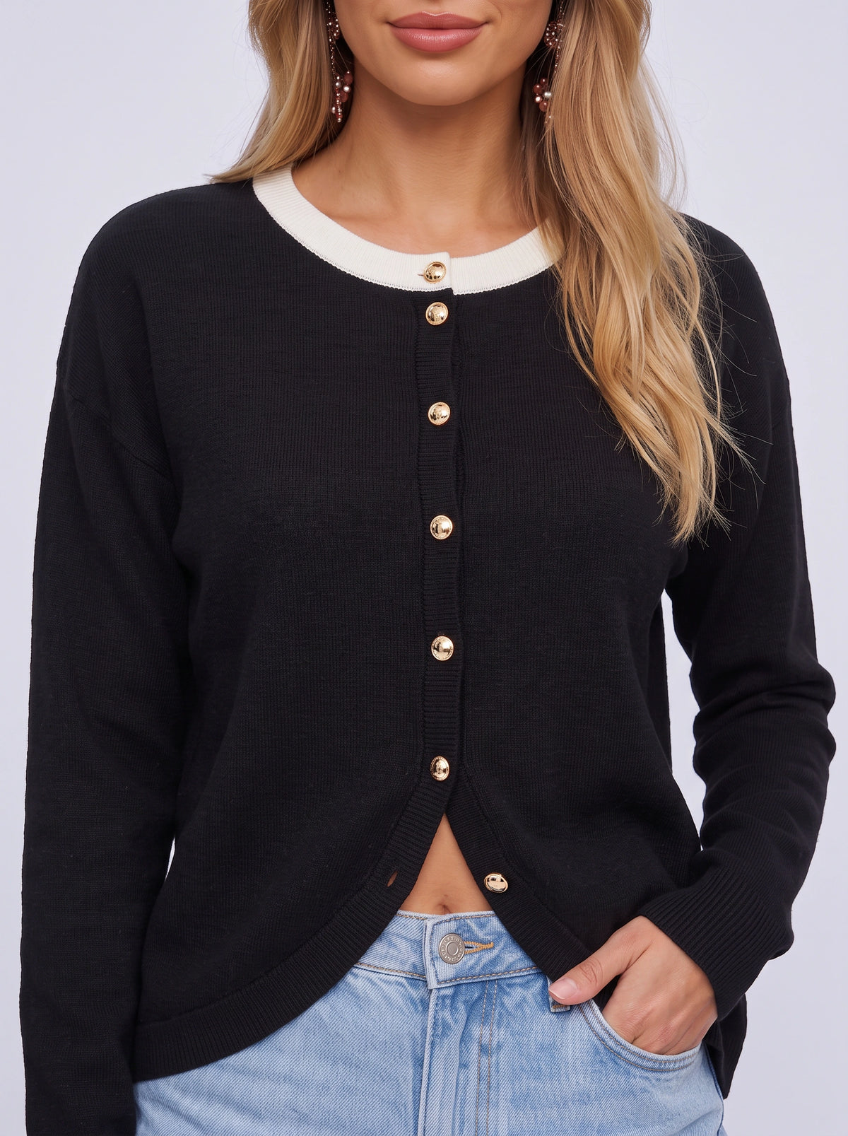 Contribe Button-Front Knit Cardigan – Contrast Collar Women Casual Office Layering Cardigan