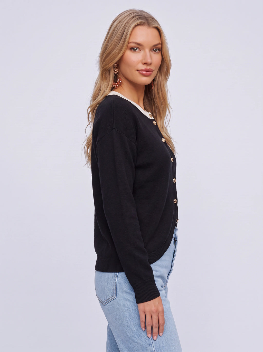 Contribe Button-Front Knit Cardigan – Contrast Collar Women Casual Office Layering Cardigan