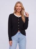 Contribe Button-Front Knit Cardigan – Contrast Collar Women Casual Office Layering Cardigan