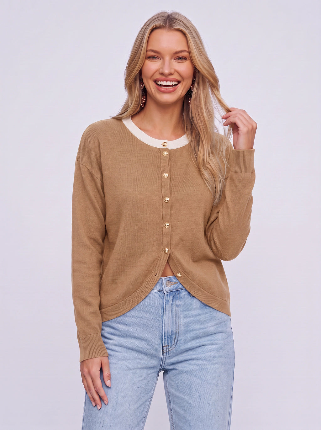 Contribe Button-Front Knit Cardigan – Contrast Collar Women Casual Office Layering Cardigan