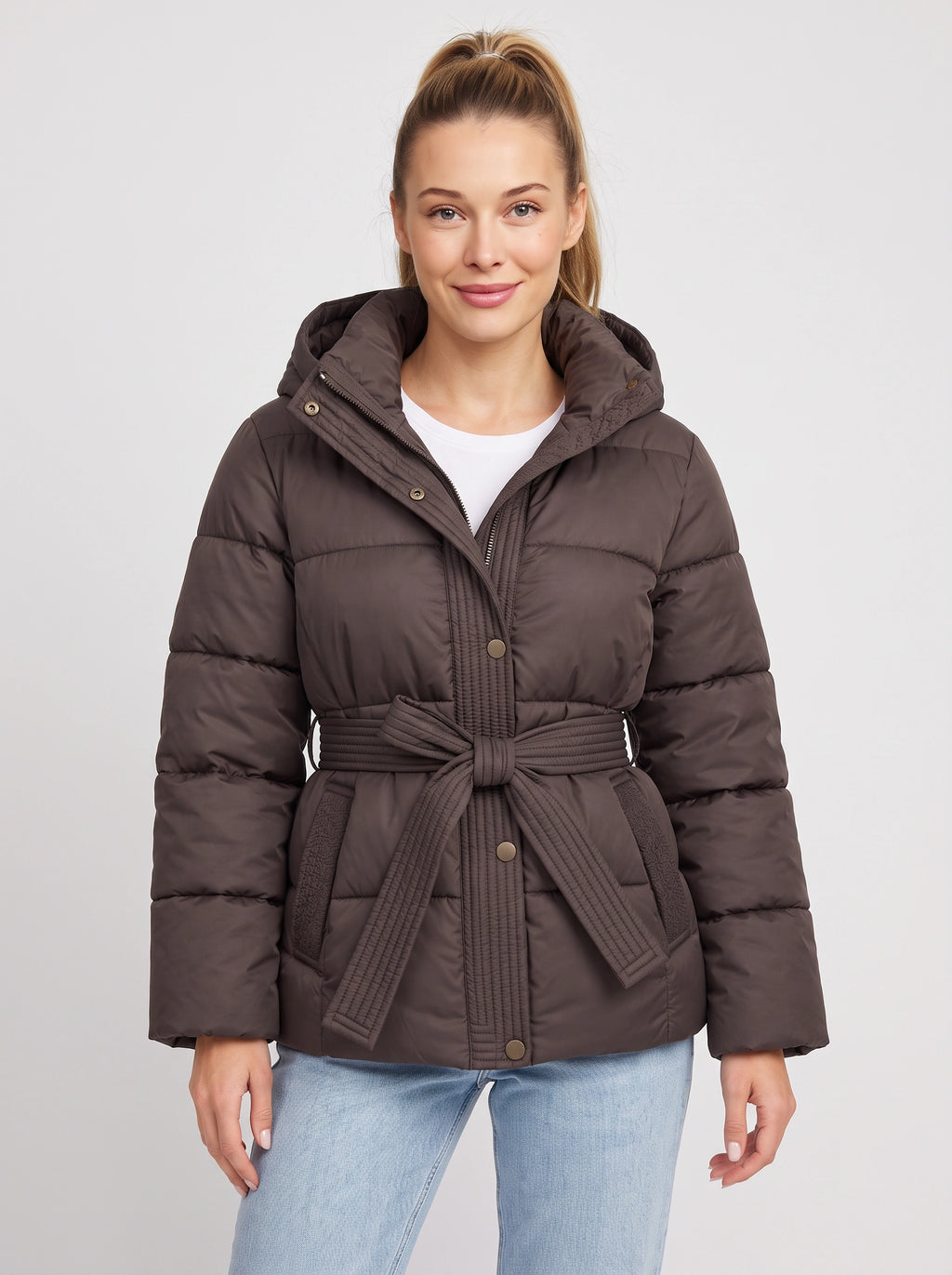 Ribbelta Hooded Puffer Jacket – Quilted Belted Winter Coat Women Padded Longline Puffer Jacket