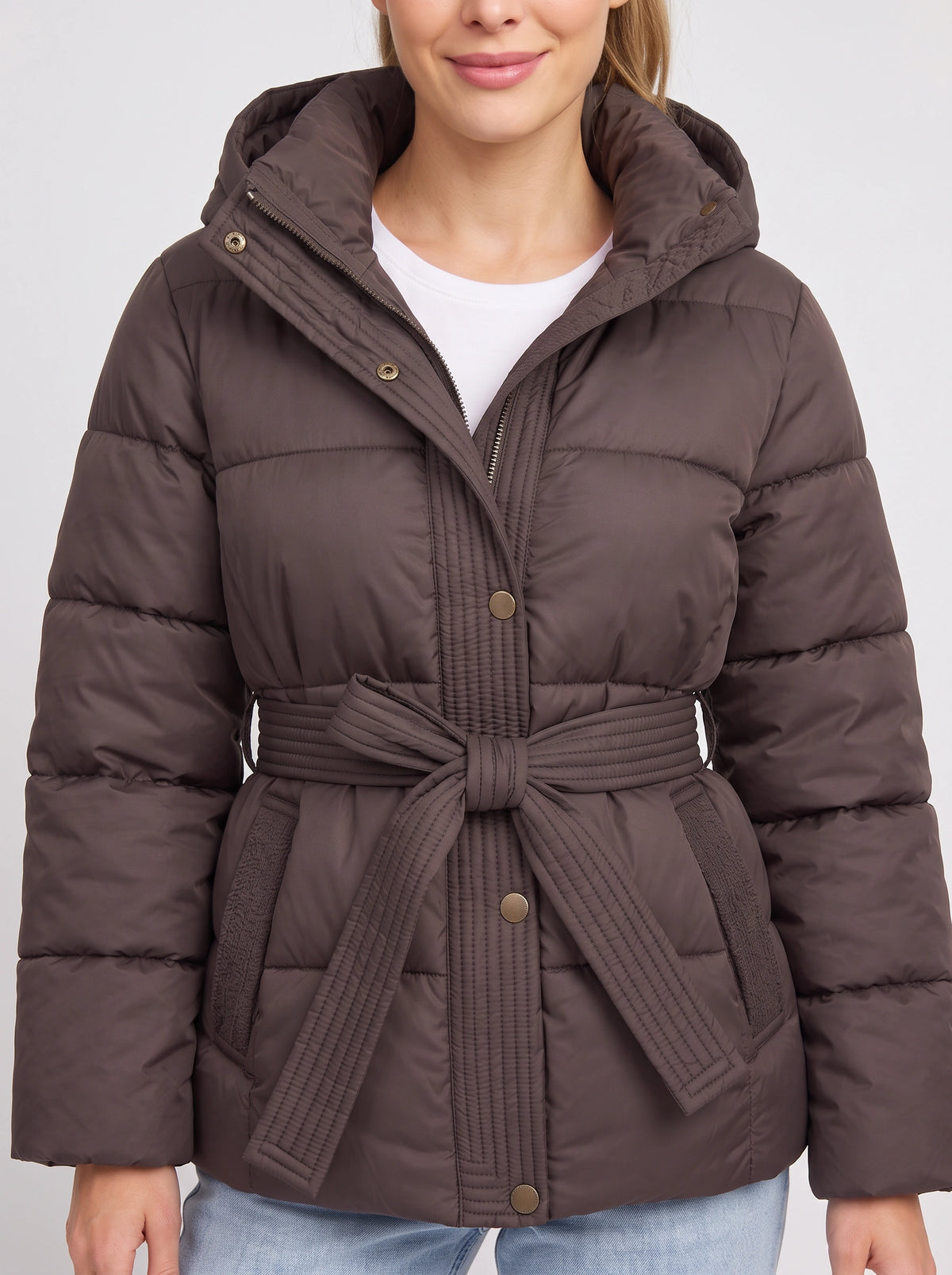 Ribbelta Hooded Puffer Jacket – Quilted Belted Winter Coat Women Padded Longline Puffer Jacket