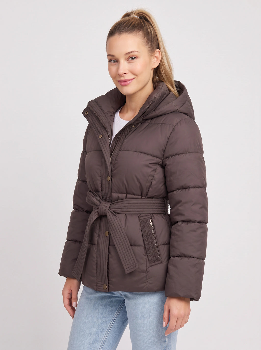Ribbelta Hooded Puffer Jacket – Quilted Belted Winter Coat Women Padded Longline Puffer Jacket