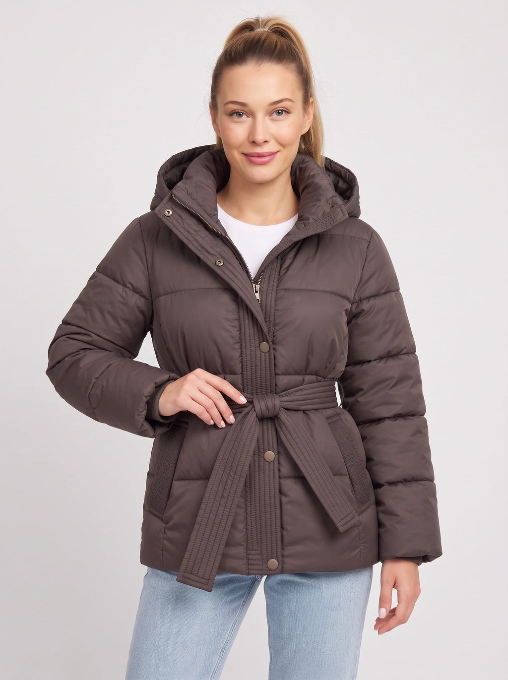 Ribbelta Hooded Puffer Jacket – Quilted Belted Winter Coat Women Padded Longline Puffer Jacket