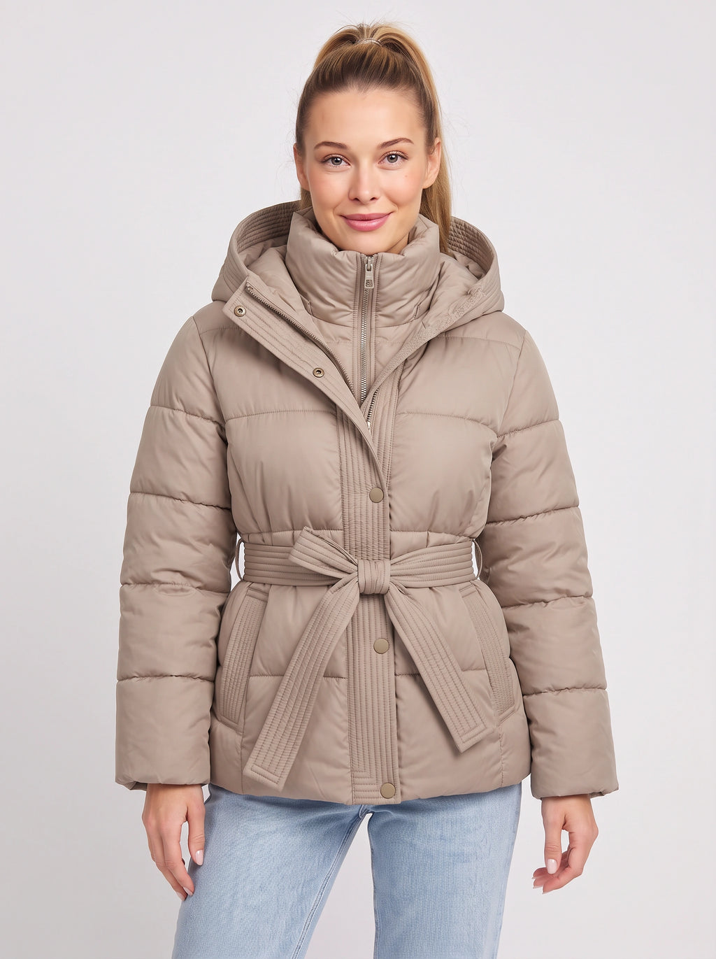 Ribbelta Hooded Puffer Jacket – Quilted Belted Winter Coat Women Padded Longline Puffer Jacket