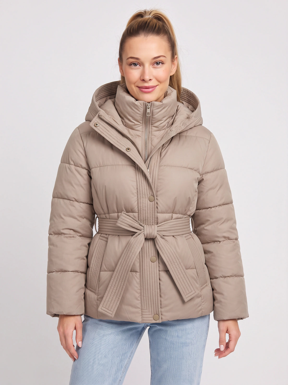 Ribbelta Hooded Puffer Jacket – Quilted Belted Winter Coat Women Padded Longline Puffer Jacket