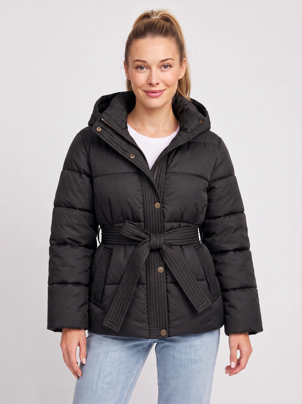 Ribbelta Hooded Puffer Jacket – Quilted Belted Winter Coat Women Padded Longline Puffer Jacket