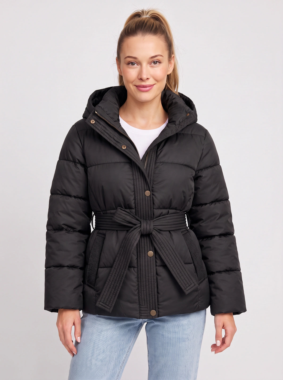 Ribbelta Hooded Puffer Jacket – Quilted Belted Winter Coat Women Padded Longline Puffer Jacket
