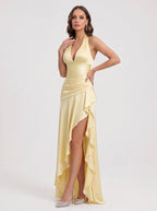 Cascara Halter Maxi Dress – Satin Ruched Evening Women Formal Wedding Guest Party Halter Neck Maxi Dress
